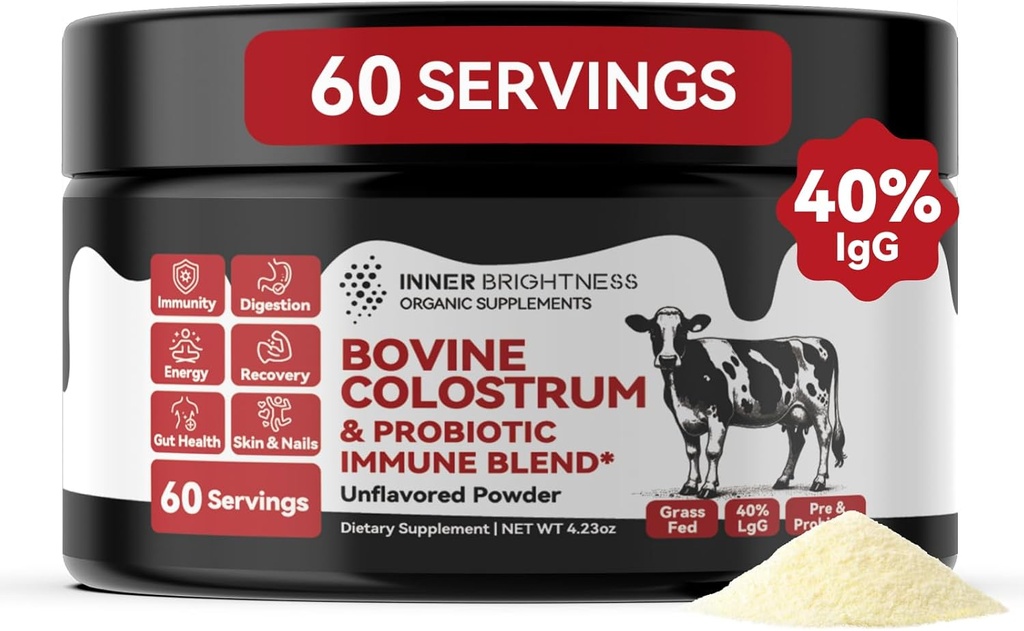 Colostrum Supplement Powder for Gut Health, Immune Support & Nutrient Absorption, Natural 40% IgG Bovine Colostrum with Pre & Probiotics Blend, Unflavored, 60 Servings