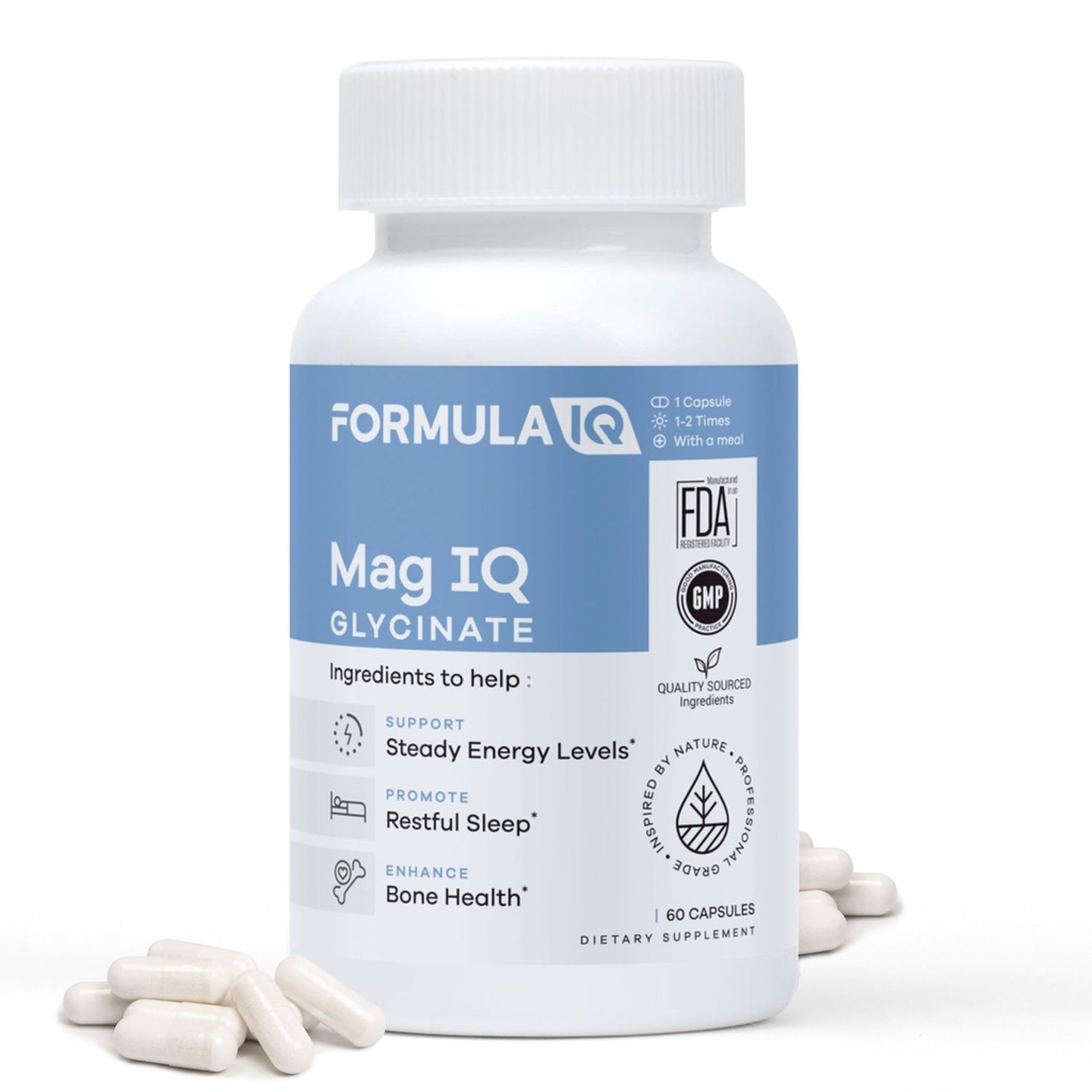 FIQ - Mag IQ Glycinate - Magnesium Bisglycinate Chelate TRAACS - High Absorption Magnesium Glycinate Suplemento - Sleep, Daily Energy, & Bone Wellness - 60 cápsulas