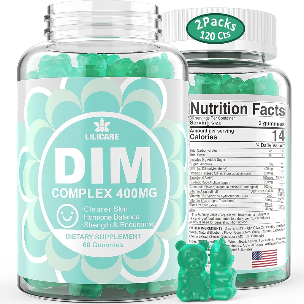 Suplemento DIM Mujeres 400mg, Suplemento Estrógeno para Mujeres, Gummies DIM Libre de Azúcar para Hombres & Mujeres + Biotina, Aceite Flaxseed, Burdock, Calendula, BioPerine for Hormone Balance, Menopause & Prostate 120Cts