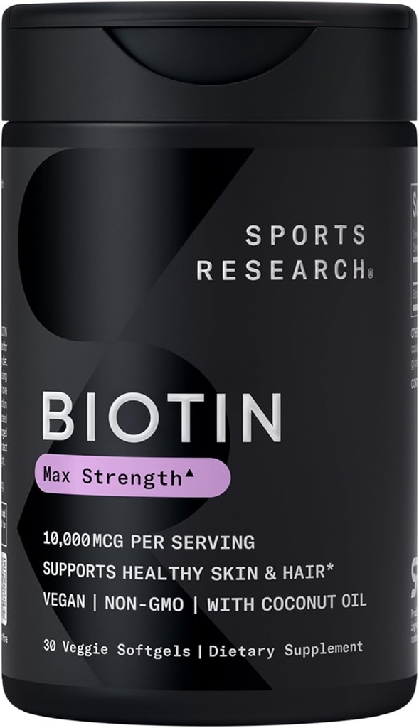 Sports Research® Biotin 10,000mcg con aceite de coco orgánico - Biotina (Vitamin B7) para la piel y el cabello saludables* - para mujeres y hombres - Vegan, No GMO, Gluten & Soy-Free - 30 Veggie Softgels