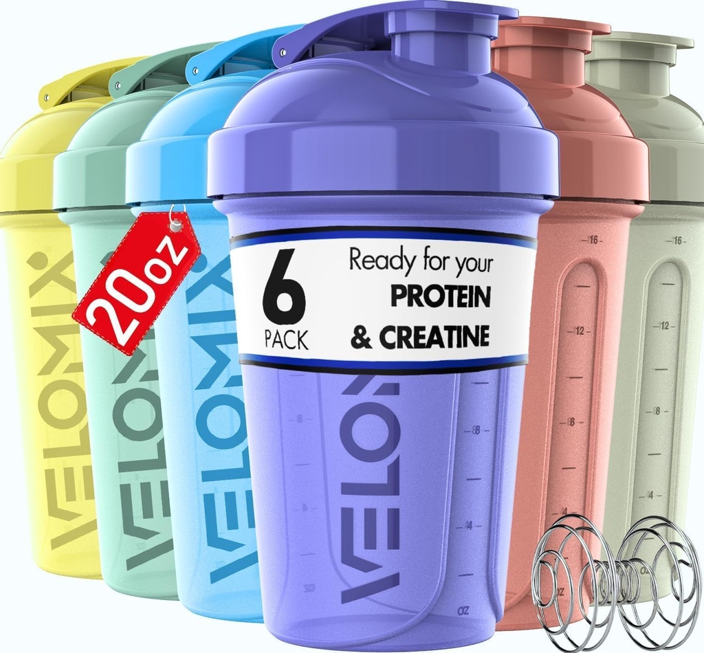 -6 PACK- 20 OZ Protein Shaker Botellas para Mezclas Proteínas, Copas de Shaker para Sacudas Proteínas, Pequeño Pack de Botellas Shaker, Copa Shaker, Shakers para Sacudas de proteínas (Pastel Shades - 6 Pack)