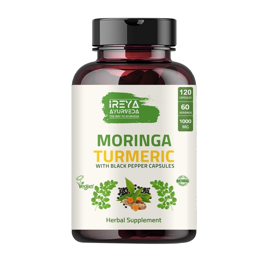 Orgánica Moringa Oleifera Powder " Turmeric Root Powder with Blackpepper 120 Capsules Silencio Hecho con Moringa Orgánica, Turmérica y Pepper Negro ANTE Vegan, Libre de gluten y No GMO.