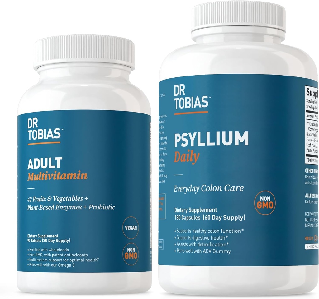 Dr. Tobias Adult Multivitamin " Psyllium Daily Supports Energy, Immunity & Healthy Bowel Movements with 42 Fruits & Vegatables, Psllium Husk, Bentonite Clay, Flaxseed & Natural Ingredients