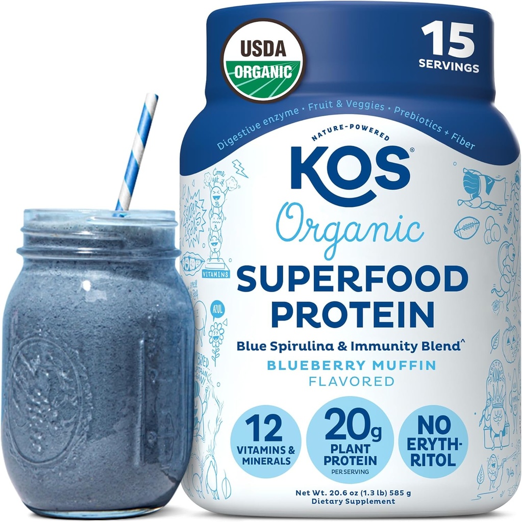 KOS Polvo de proteína de base vegetal, arándano de arándano - Pea Proteína orgánica Superalimento con espirulina y sostén inmune Blend. Soy, Gluten, Dairy Free - Vegan Meal Replacement for Women & Hombre - 15 Servings