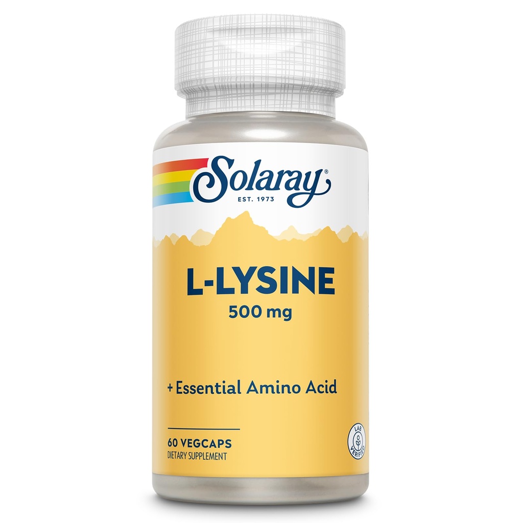 SOLARAY L Lysine 500 mg Capsules - Aminoácidos esenciales de formo libre Suplemento - Potente Wellness Soporte con L-Lysine Aminoácidos - Lab Garantía verificada, 60 días, 60 Servimientos, 60 VegCaps