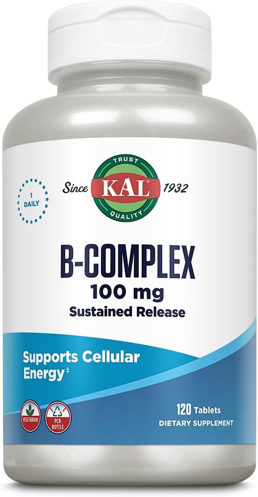 Complejo KAL B-100 - Complejo de vitamina B de liberación sostenida - Apoyo energético saludable con base de apoyo natural y cocina de la minería fresca - Vegetariano - Garantía de 60 días - 120 Serviciones, 120 Tablas