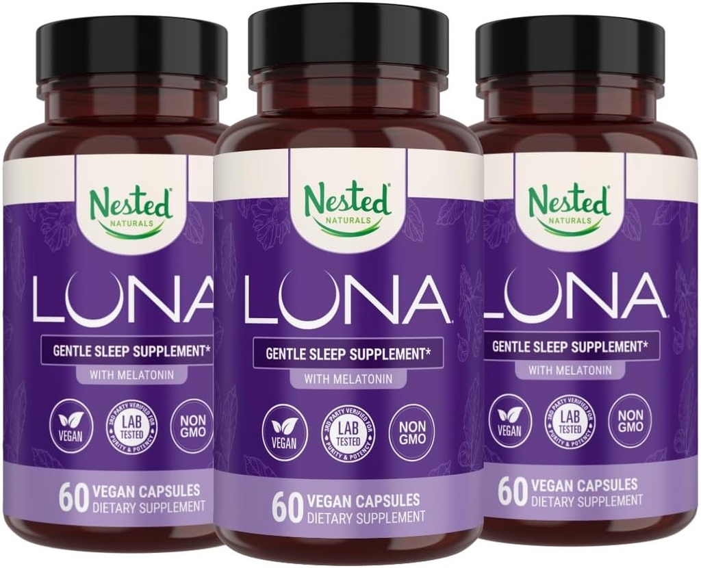 Naturales anidados Luna Herbal Suplemento de sueño con Melatonina, Valerian Root, Chamomile Silencio 180 Vegan Capsules (3-Pack) - 60 cápsulas por botella