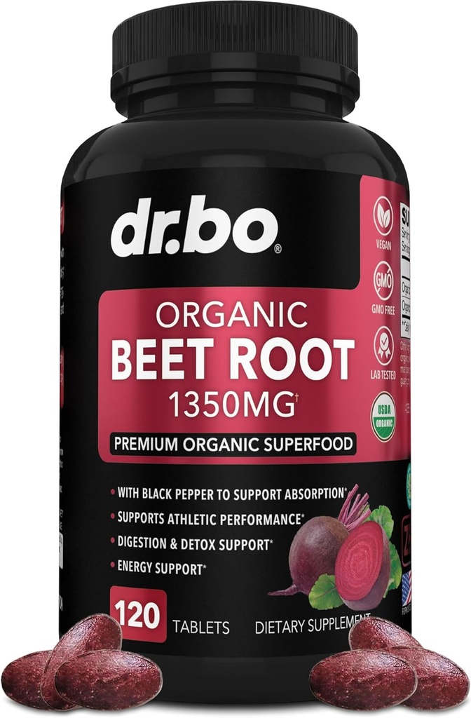 Suplementos de bobinas orgánicas - 1350mg Píldoras de extracción de escarabajos, suplemento de hoja de remolacha orgánica, remolacha de óxido super Nitrico High Circulation Total Vitaminas Soporte - 120 Beets Tablets