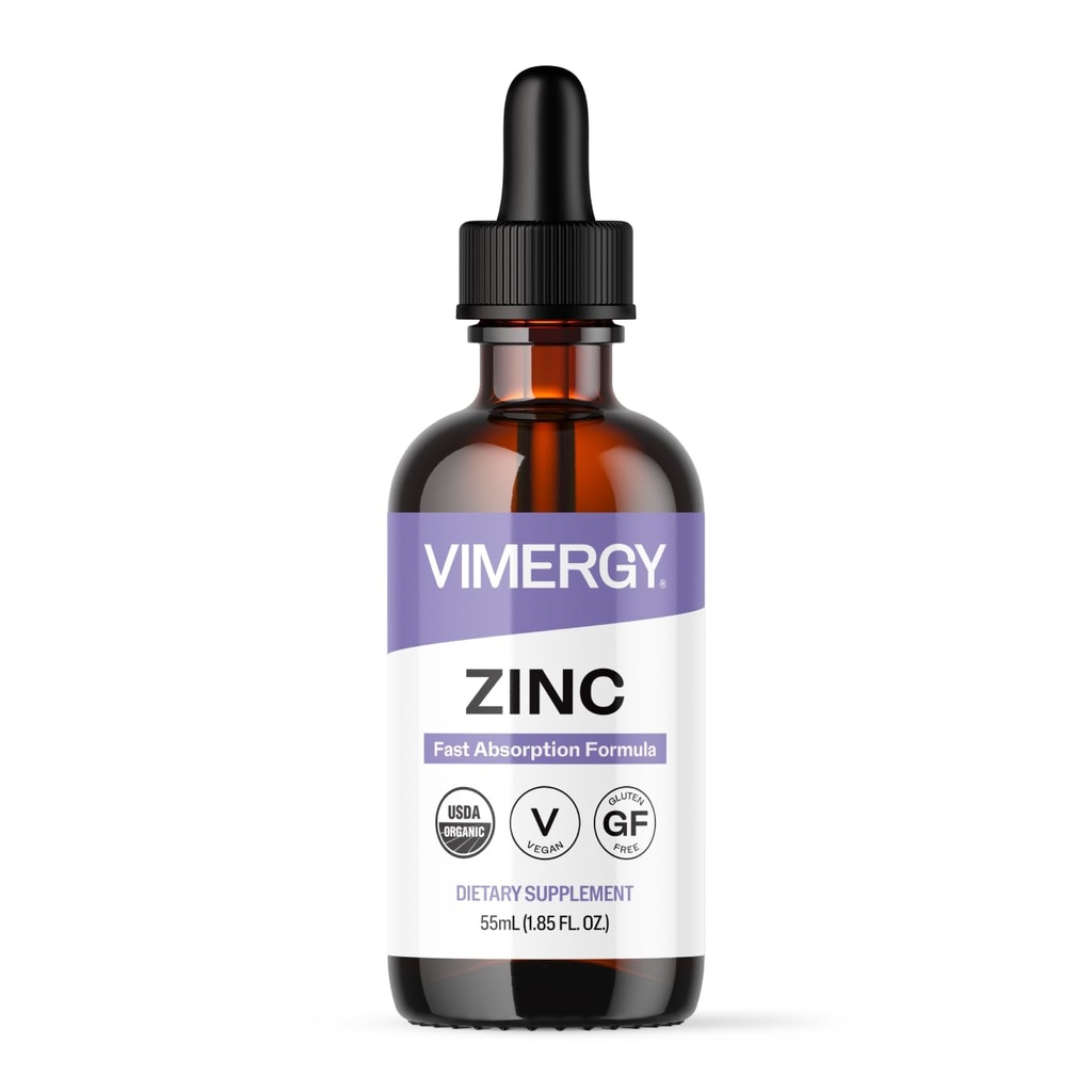 Vimergy Organic Zinc Supplements for Women &amp; Men (7.5mg Liquid Zinc Por Serving) Fast-Absorbing Immune Support, Promotes Healthy Bones & Skin, USDA Certified Organic, Vegan, Up to 27 Servings (55 mL)