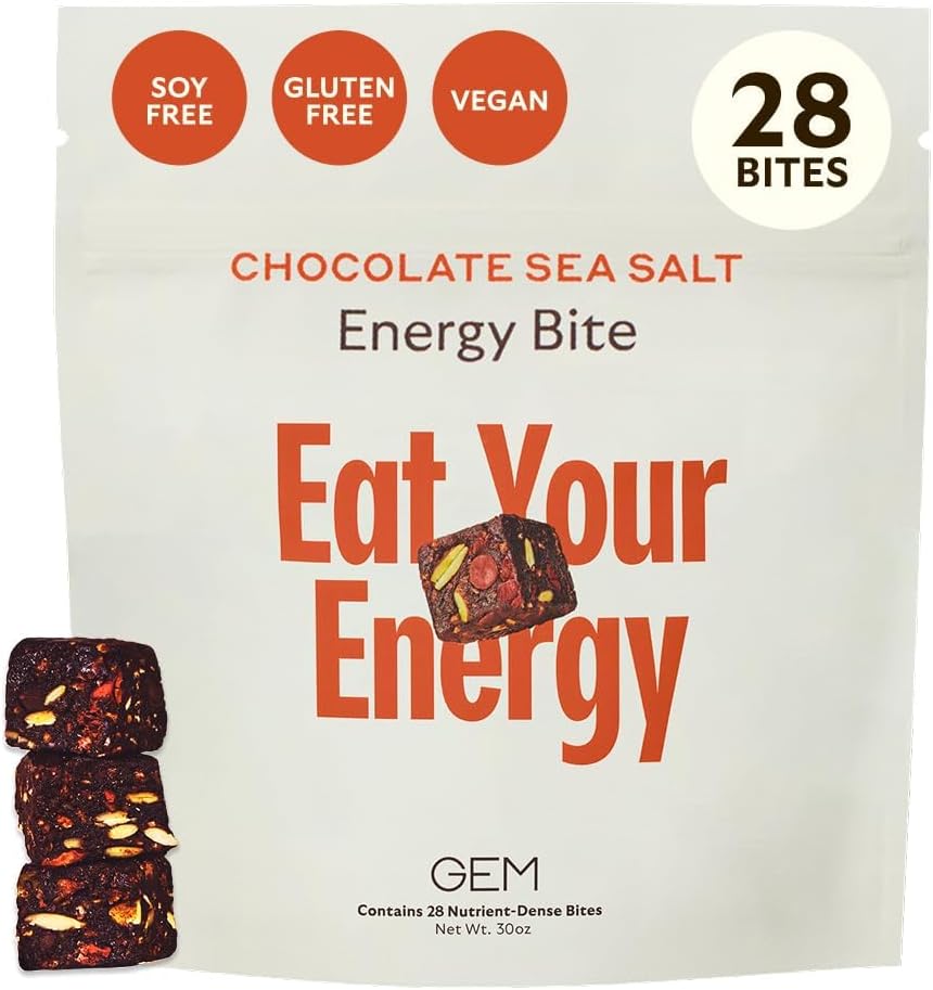 GEM Energy Caffeinated Bite, 40mg Caffeine, Ginseng Root, L-Theanine, Holistic Sustained Energy, Supports Metabolism, Stamina & Endurance ← Chocolate Cacao Sea Salt  28 Servings