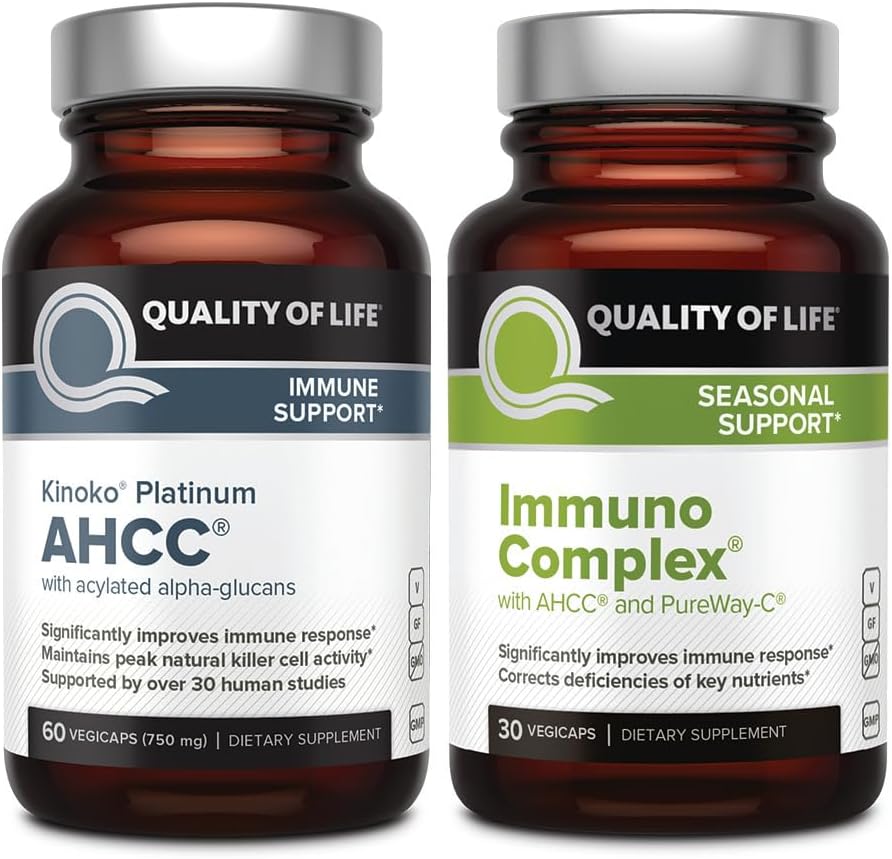 Calidad de vida AHCC Kinoko Platinum Mushroom Extracto e Inmuno Complejo con vitamina C - Ultimate Immune Support Bundle