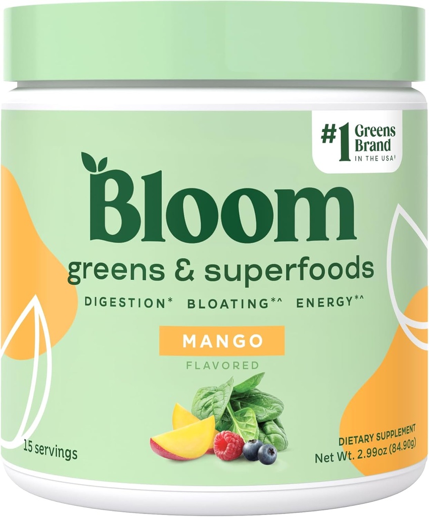 [BRSRAAYLOIMROAA4] Bloom Nutrition Superfood Greens Powder, Digestive Enzymes w/Probiotics " Prebiotics, Gut Health, Bloating Relief for Women, Chlorella, 15 SVG (15 Servings (Pack of 1), Mango)
