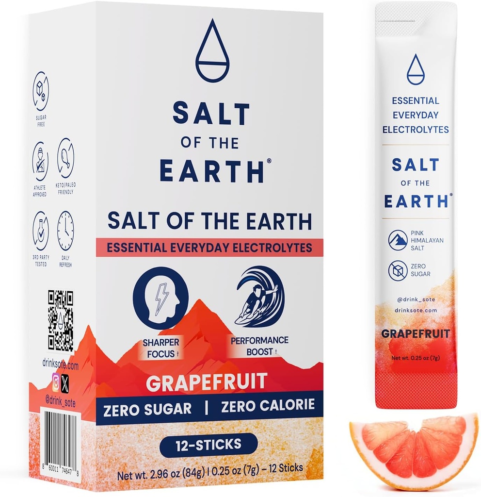Salt of the Earth Premium Zero-Sugar Electrolyte - Hecho con Himalaya Rosa Salt - Hydration Powder Packets ← Ingredientes Premium TENER Keto & Paleo Friendly TEN 12 Sticks, Grapefruit