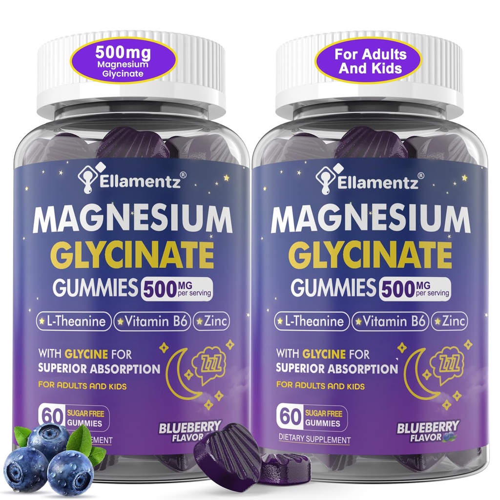 Magnesio Glycinate Gummies 500mg/250mg para adultos Niños adolescentes, Azúcar Magnesio sin azúcar Ayuda para dormir, Niños Gummies para dormir con L-Theanine Glycine B6 para dormir, calma, musculo,Relax Brain,No Melatonin,2Pack
