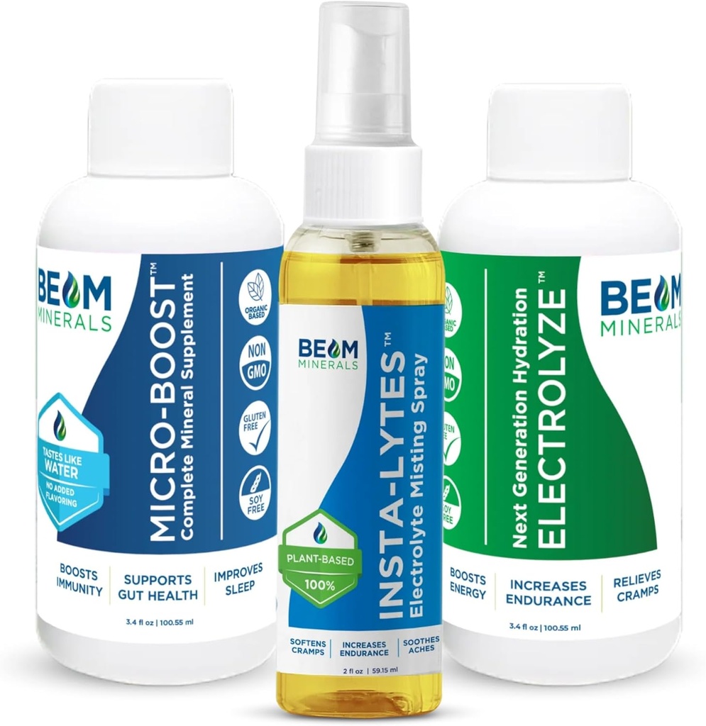 BEAM MINERALS Paquete de Viajes _ Electrolito & Micronutrientes Soporte On-The-Go ← Micro-Boost, Electrolyze y Insta-Lytes 2 fl Oz