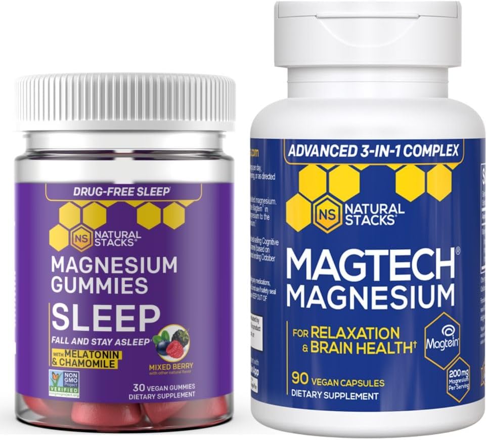Natural Stacks Magtech + Sleep Magnesium Gummies Bundle - 4 Formas de Magnesio - Apoyos Relajación y Salud Cerebro* - 120 Cantidad