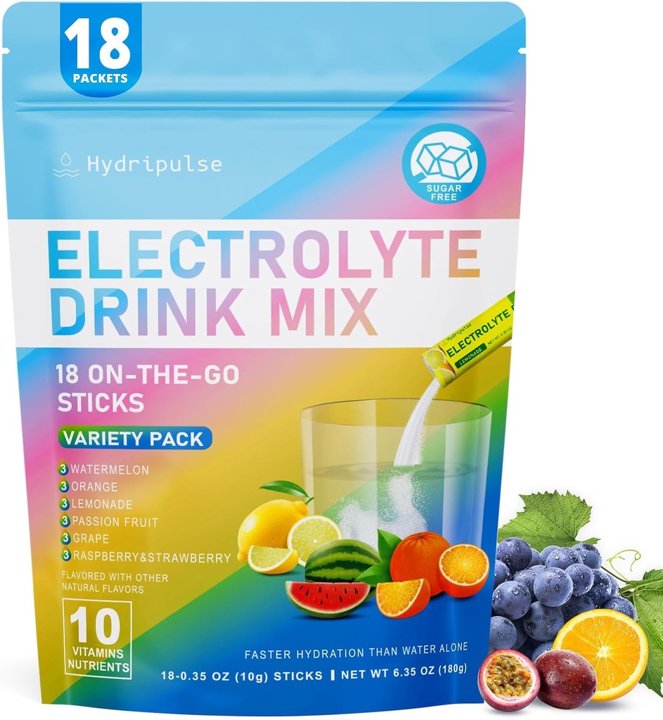 [BRSRAHAPOQMA2C37] Empaquetaduras de polvo de electrolitos - azúcar libre, naturalmente saboreado, 10 electrolitos & vitaminas Electrolyte Drink Mix - Variety Pack 6 Flavors, Keto Friendly, Vegan, Non- GMO, 18 Packets