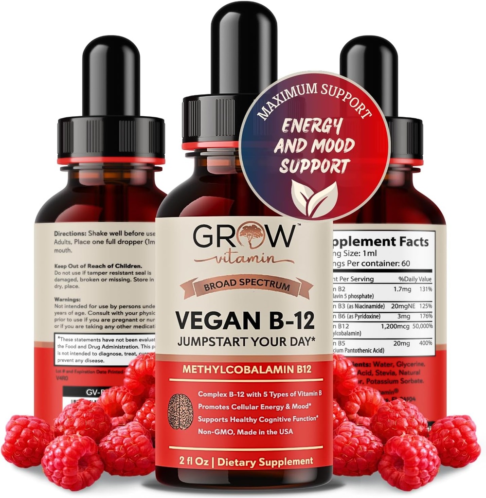 Vegan B12 Complejo gotas sublinguales líquidos - Premium Methylcobalamin Suplemento para la piel de pelo más fuerte & uñas Vitamina b12 b6 b5 b2 & b2 Natural Energy Boost, Immune System & Mental Focus Support
