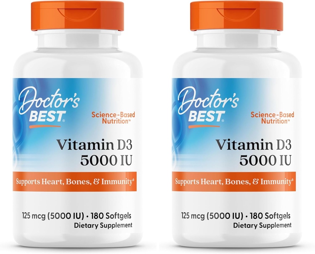 Mejor vitamina D3 5000IU, no GMO, Gluten & Soy Gratis, Regula la función de inmuno, soporta los huesos saludables, blanco, sin sabor, 180 Cuenta (Pack of 2)