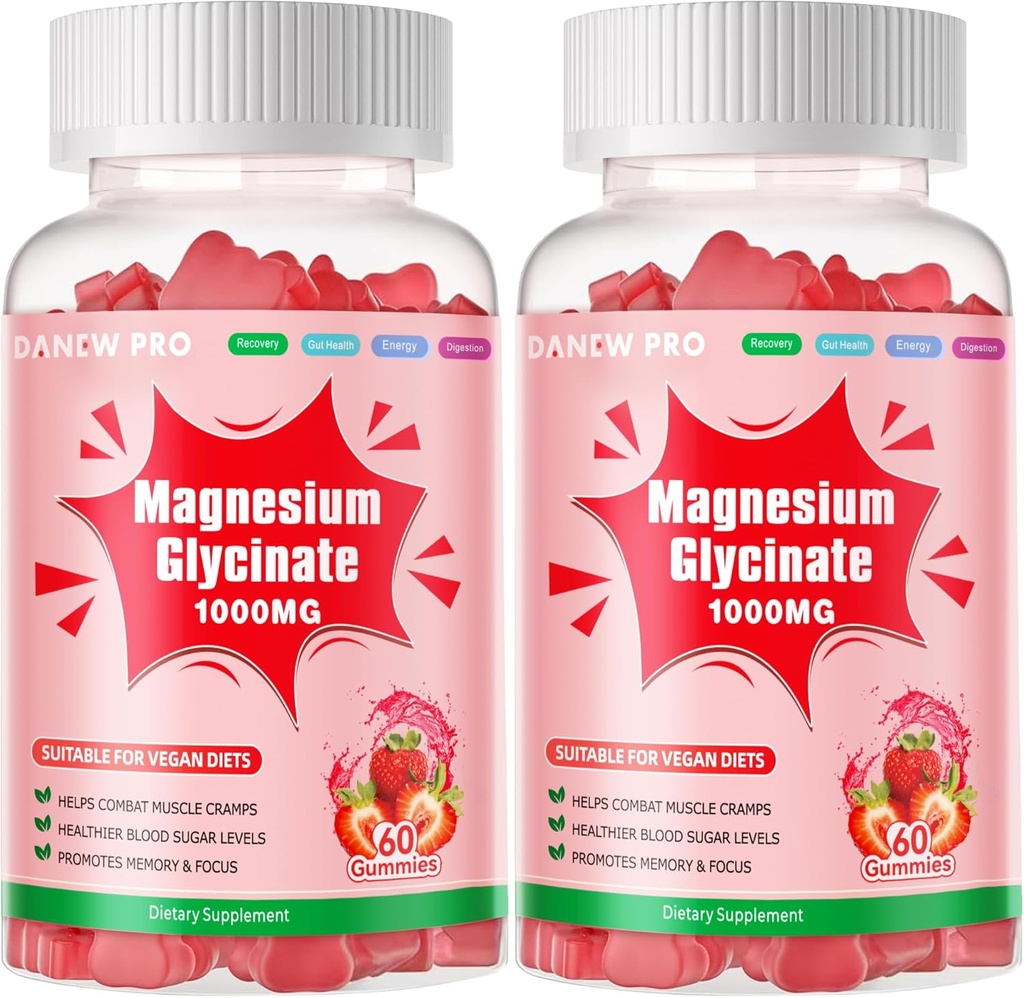 Magnesio Glycinate Gummies 1000mg - Suplemento de Potasio de Magnesio Libre de Azúcar con Vitamina D, B6, CoQ10 para calma Mood & Sleep Support - 120 Gummies de Fresa