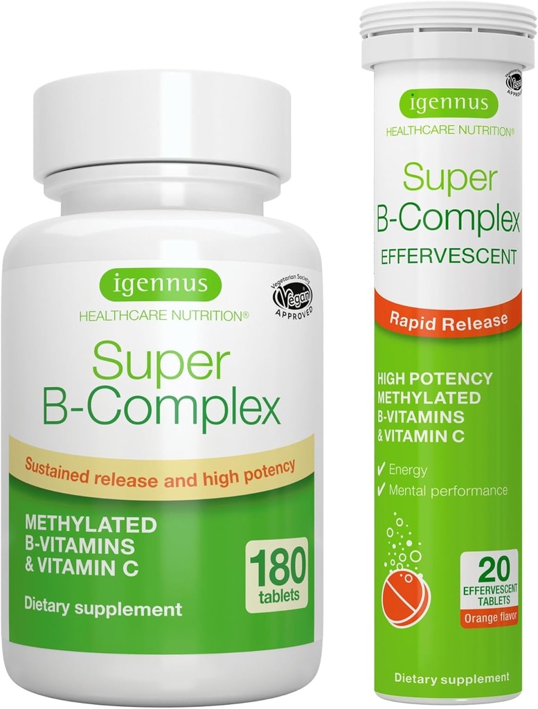 Super B-Complex Bundle, 180 Sostened-Release Tablets & 20 Orange Flavor Effervescent Tablets for Fast Energy On The Go, by Igennus