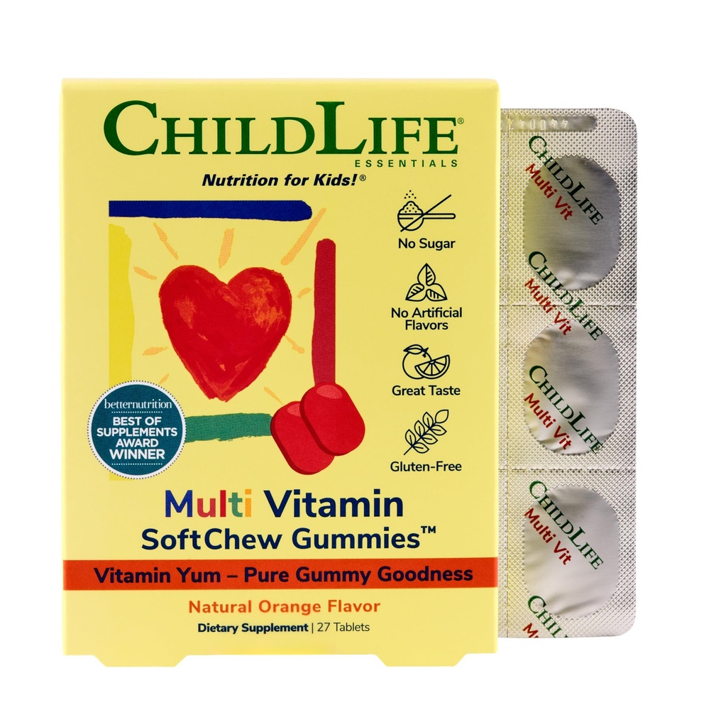 CHILDLIFE ESSENTIALS Kids Multivitamin SoftChew Gummies - Vitaminas para niños, Multivitamínico para niños, Gummies multivitamínicos, Vitaminas para niños, Vitamina para niños, Vitamina para el azucar libre - Naranja natural, 27 Tabletas