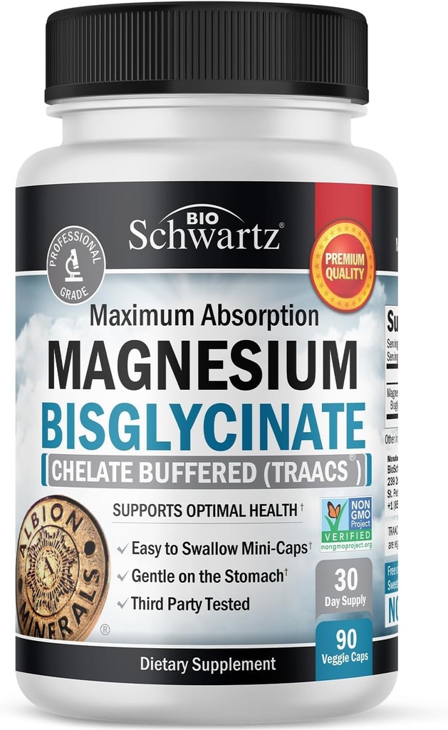 Magnesium Bisglycinate 100% Chelate No-Laxative Effect - Maximum Absorption & Bioavailability, Fully Reacted & Buffered - Healthy Energy Muscle Bone & Joint Support - Non-GMO Proyecto Verificado - 90 ct