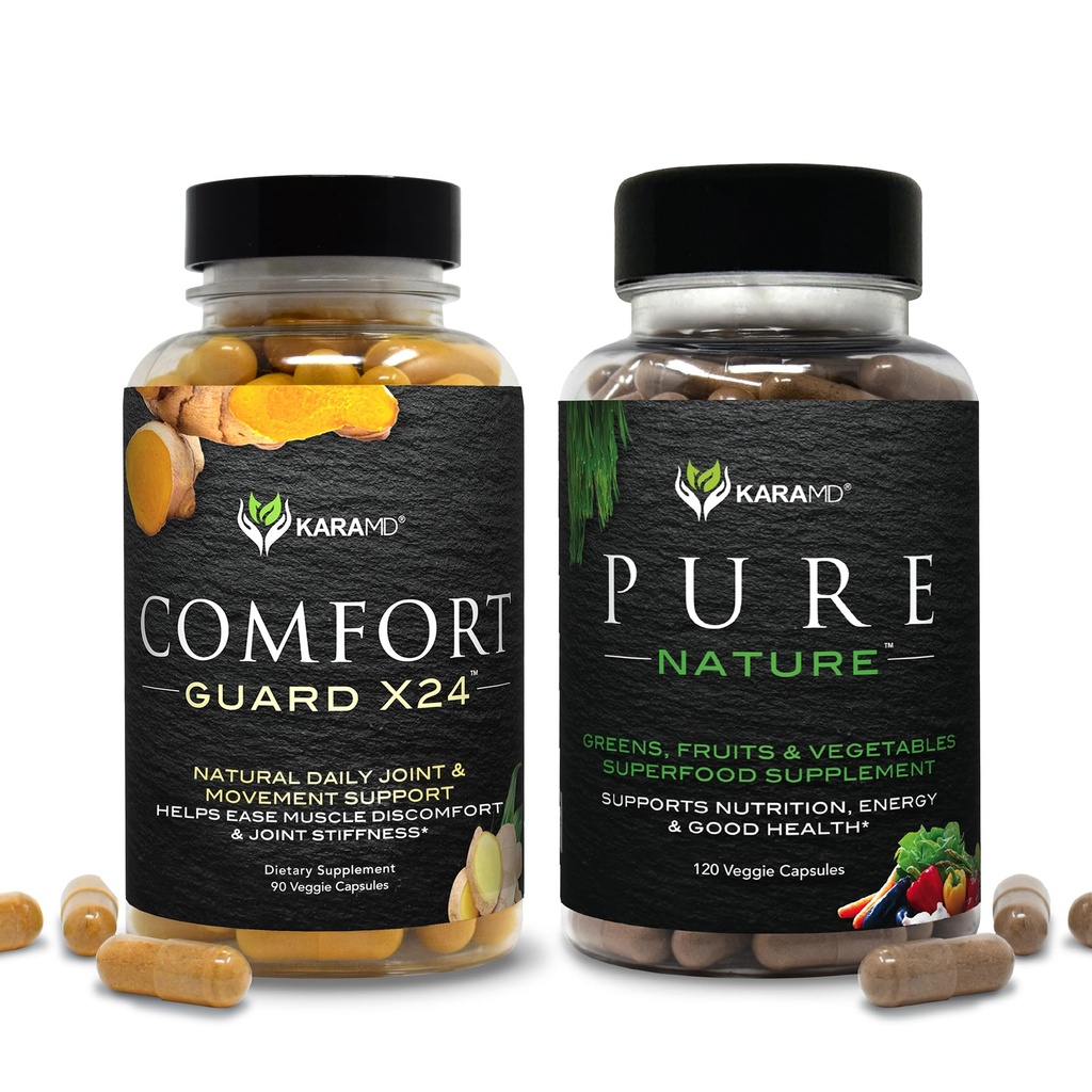 KaraMD Pura Naturaleza &amp; Comfort Guard Bundle ← Verdes Alimentarios enteros, Frutas & Verduras Suplemento + Movimiento Apoyo Silencioso No-GMO, Vegan, Libre de gluten (30 Servimientos Cada uno)