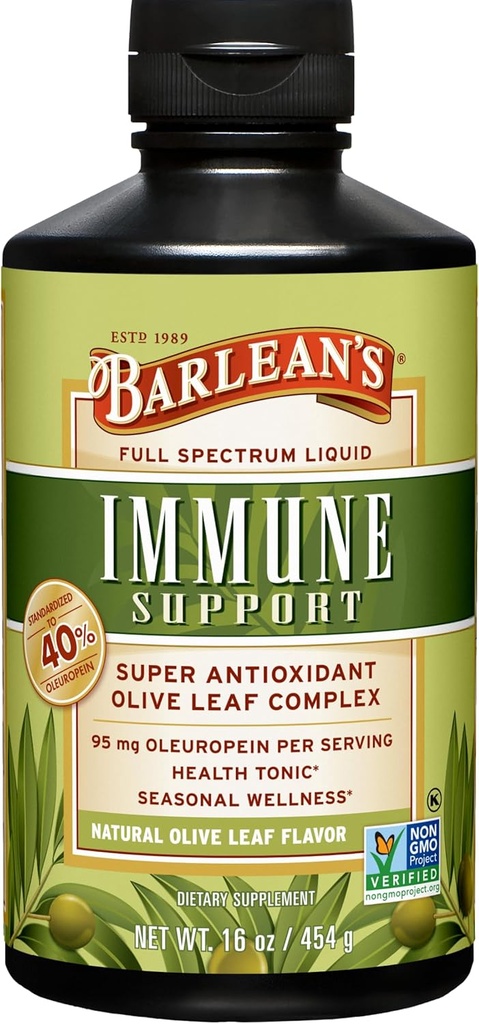 Complejo de soja de oliva de Barlean Apoyo líquido suplemento con 95 mg de Oleuropeina Antioxidantes para bienestar estacional, salud cardíaca, & sistema de inmune Booster, 16 onzas