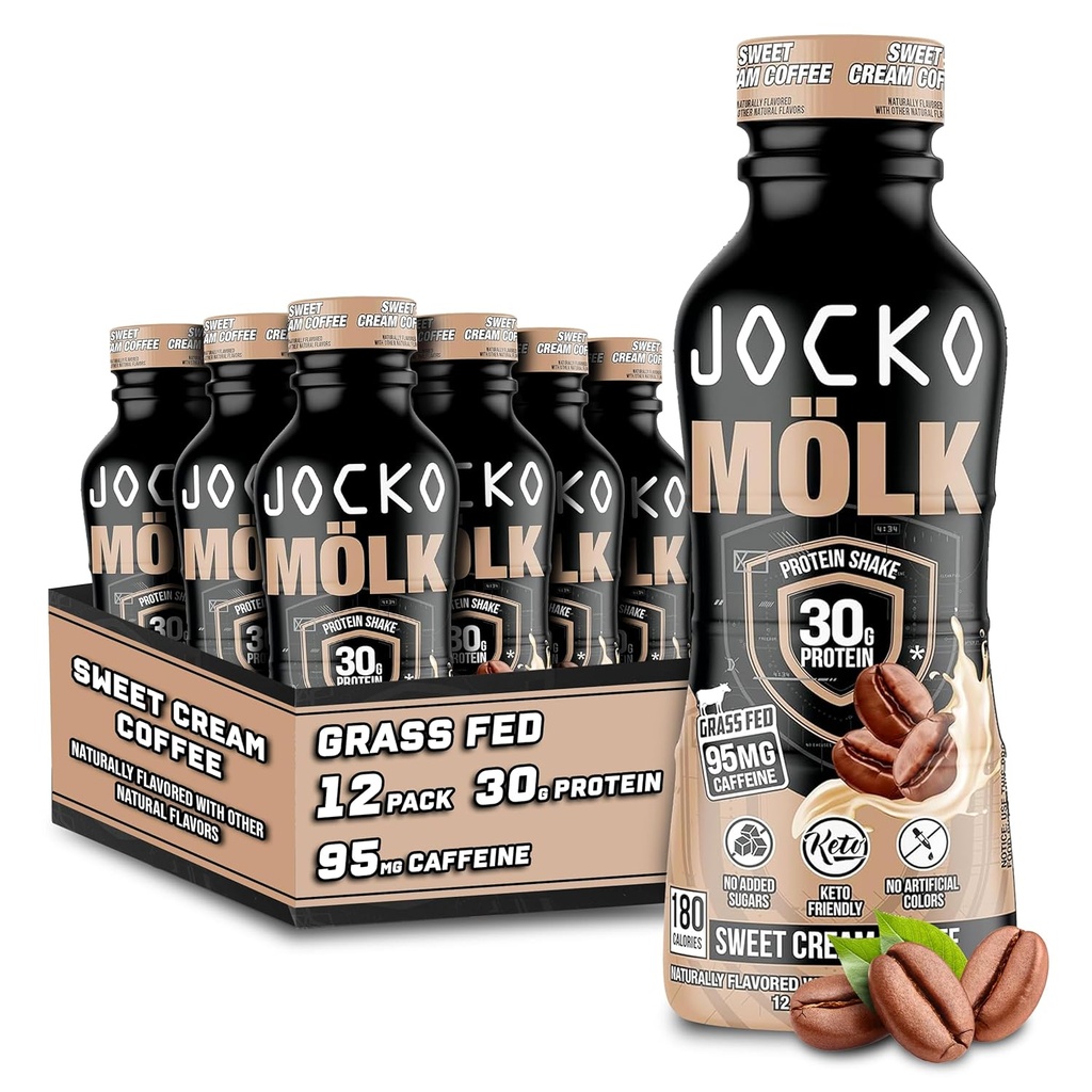 Jocko Fuel Mölk 30g Grass Fed Protein Shakes - No se agregan bebidas de proteína de azúcar KETO Friendly - Listo para beber 12 FL Oz (Pack of 12) Café de crema dulce