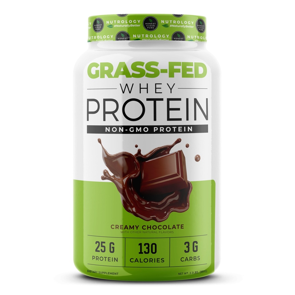 Nutrology Grass Fed Whey Protein Powder, Creamy Chocolate Flavor, Supports Lean Muscle Recovery & Performance, Cold Procesed Grass Fed Whey y Amino Acid Powder, Shake, Blend o Bake, 28 Servings