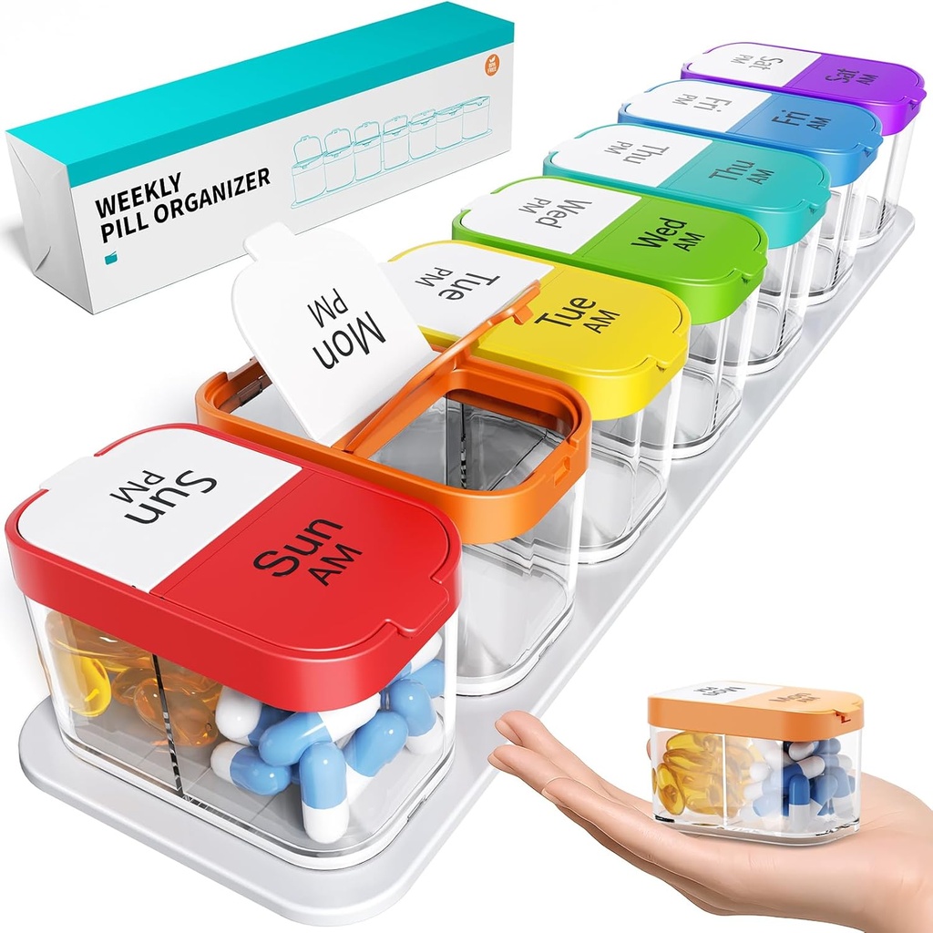 Odaro Extra Gran organizador semanal de píldoras, XL caja de píldoras 7 Día Am Pm, Jumbo Medicina Organizador 2 veces al día para mantener la medicina diaria Vitamina y Suplementos - Rainbow