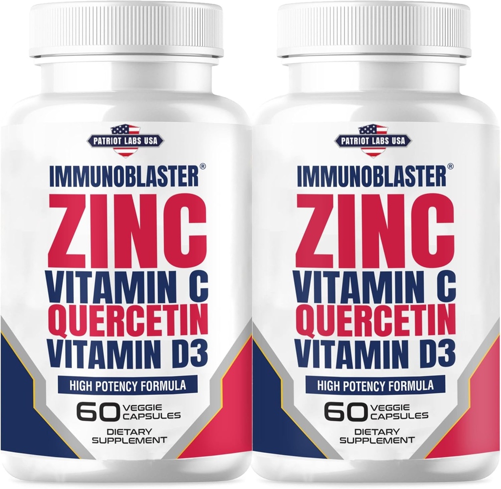 (2 Pack) InmunoBlaster Zinc Quercetin 500 mg con vitamina D y C Antioxidante Apoyo a la Inmune Alta Potencia Quercetina Zinc Suplemento para Hombres y Mujeres - Gluten, Soy, " Dairy Free - 120 Conde (Twin Pack)