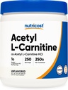Nutricost Acetyl L-Carnitine (ALCAR) 250 Grams Powder - 1G por servicio - 250 servicios