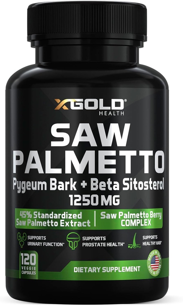 X Gold Health Saw Palmetto Suplemento de próstata para hombres ← Pygeum Bark  Beta Sitosterol Suplemento ← Potent 3X Fórmula ← Función urinaria Prostate ← DHT Blocker Hair Growth  4 Month Supply Male Pills