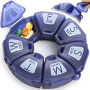 Organizador semanal redondo, TPU Rubberized, Contenedor de pilas de viaje 7 Día, con 7 grandes compartimientos, Grande para suplementos diarios de vitaminas, Cute caja de píldoras con grandes letras y braille (Blue)