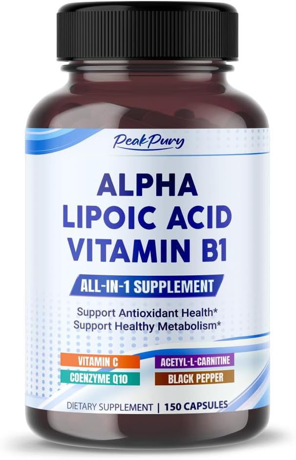 Ácido Lipoico alfa con Vitamina B1 - Apoya la Salud Antioxidante & Metabolismo Saludable - Incluye vitamina C, Acetyl-L-Carnitina, CoQ10 - Hecho en los EE.UU.- 150 cápsulas