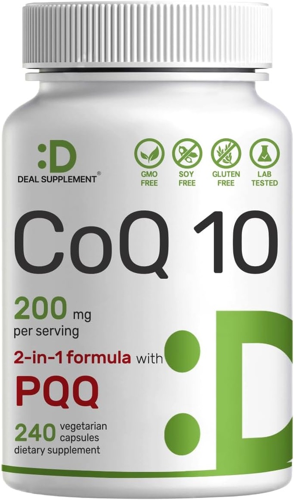DEAL SUPPLEMENT CoQ10 200mg con PQ 200mcg, 240 Veggie Capsules ← Coenzyme Bioavailable Q10 Complejo tención soporta Corazón, Energía & Cerebro Salud Silencio Antioxidante Apoyo 