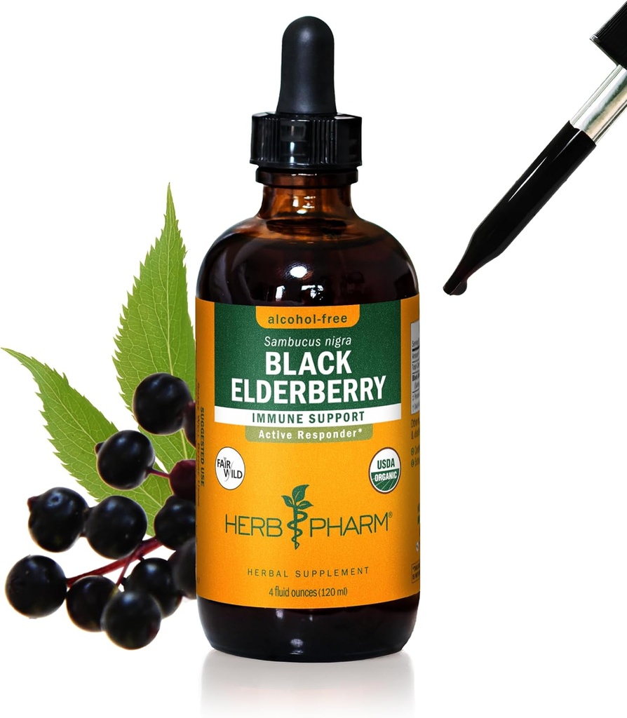 Herb Pharm Certified Organic Black Elderberry Liquid Extract for Immune System Support, Alcohol-Free Glycerite, 4 Ounce