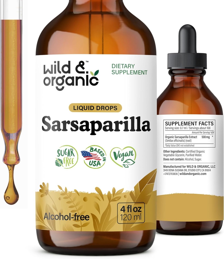 [BRSROY34DN5BU3DJ] Wild & Organic Sarsaparilla Root Tincture - Asistencia general - Suplemento de Extracto de Sarsaparilla - Vegan, Azúcar & Líquido sin alcohol - 4 fl oz