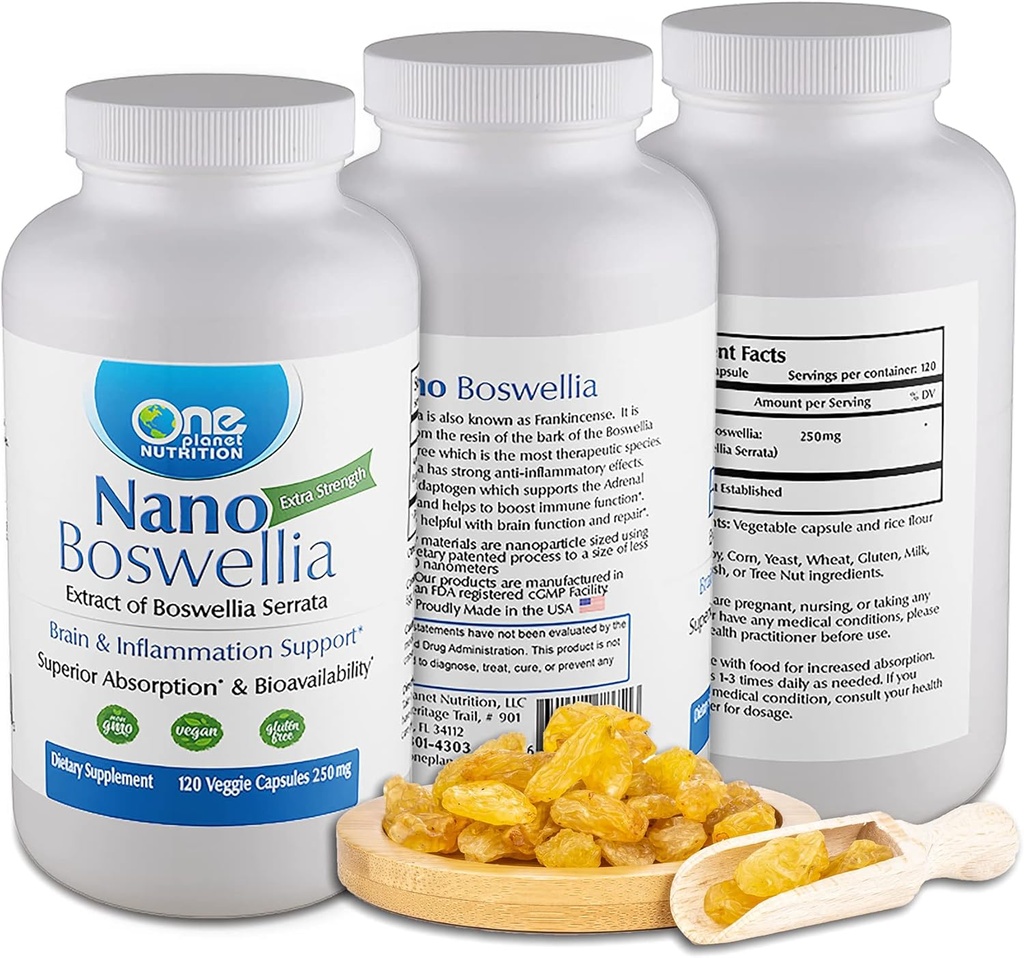 Nano Boswellia 250 mg Veggie Capsules (120 Servings), Boswellia serrata Resin, apoya la función cognitiva para la salud cerebral, no GMO, Vegan, Gluten-Free
