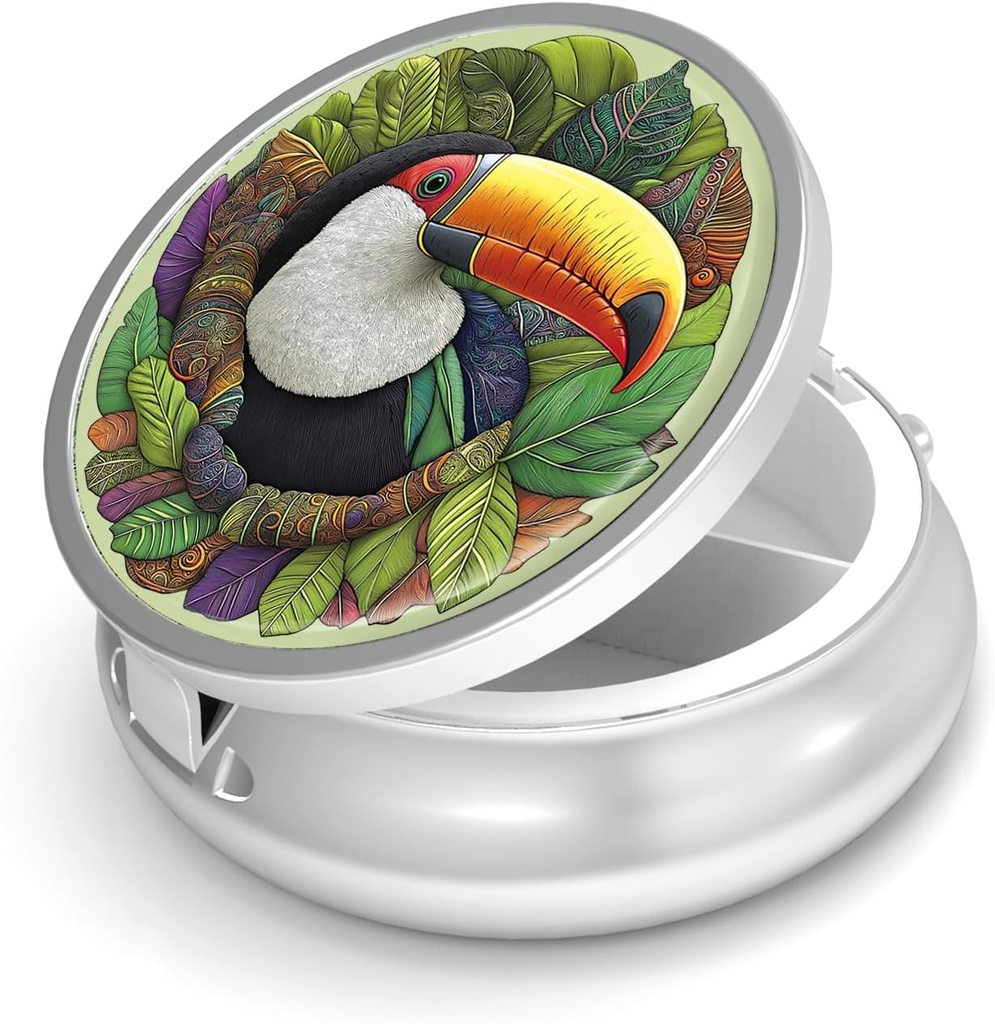 Pill Box-3 Compartment Small Pill Case for Purse & Pocket Mini Contenedor de carga de metal para mantener suplementos Vitaminas libres de BPA (Toucan)