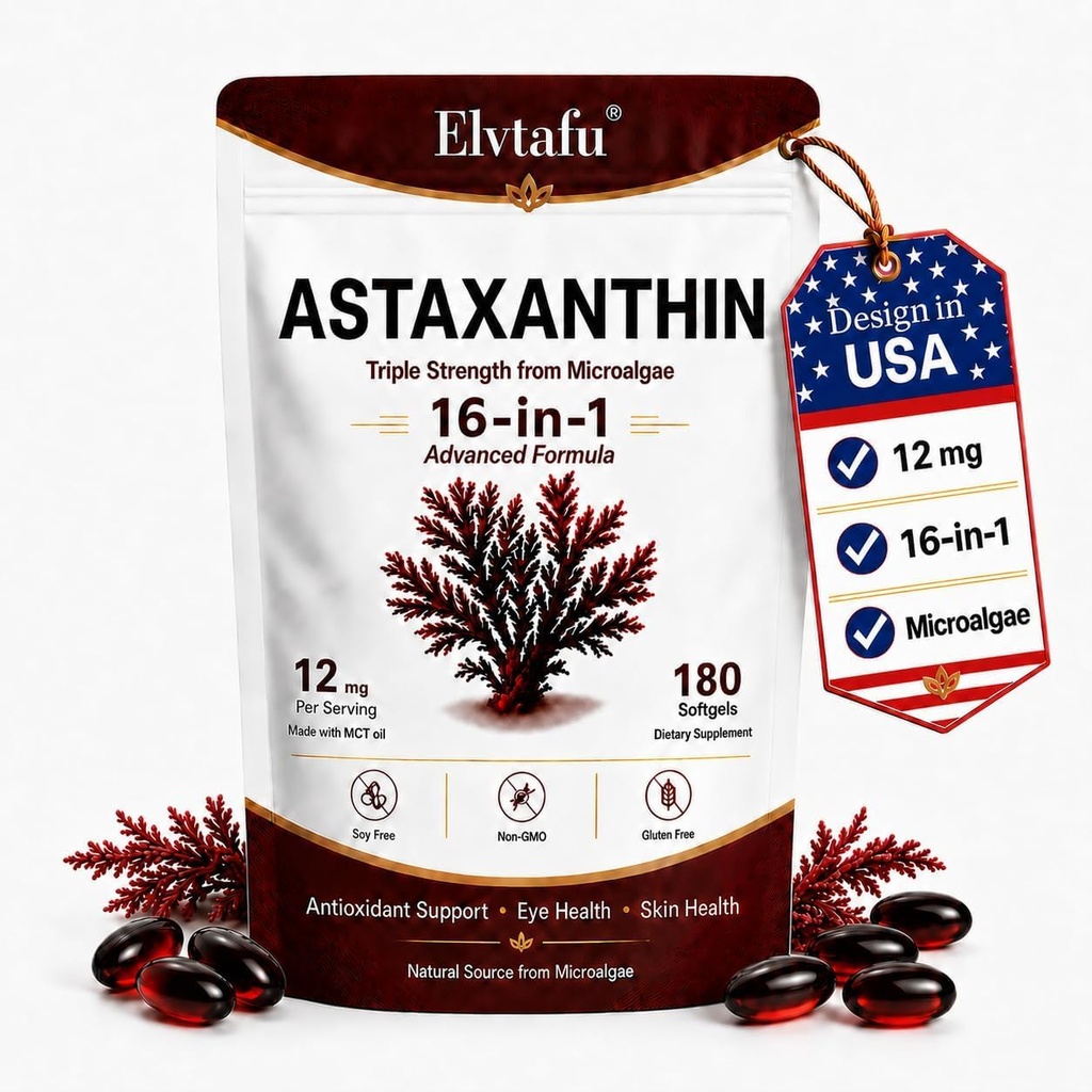 12mg Astaxanthin 16-in-1 Supplements with Zeaxanthin & Lutein Astaxanthin Softgels from Microalgae,Antioxidant Complex with MCT Oil for Skin, Eye, Heart,Support Astaxantina Antioxidant