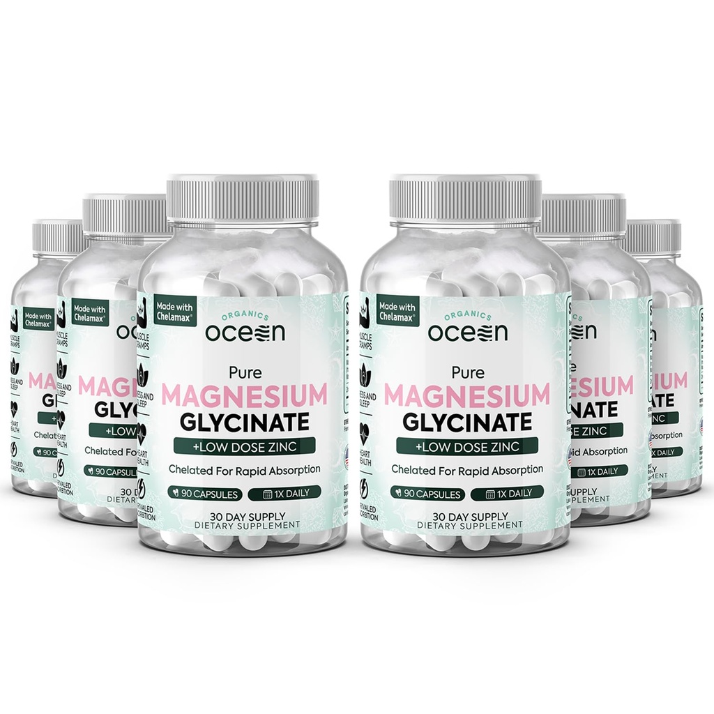 Orgánicas Magnesio Puro Glycinate con Zinc - Maximum Strength Suplemento de magnesio Chelated para Mujeres y Hombres para Calambres musculares y Apoyo al sueño - 6 Botellas