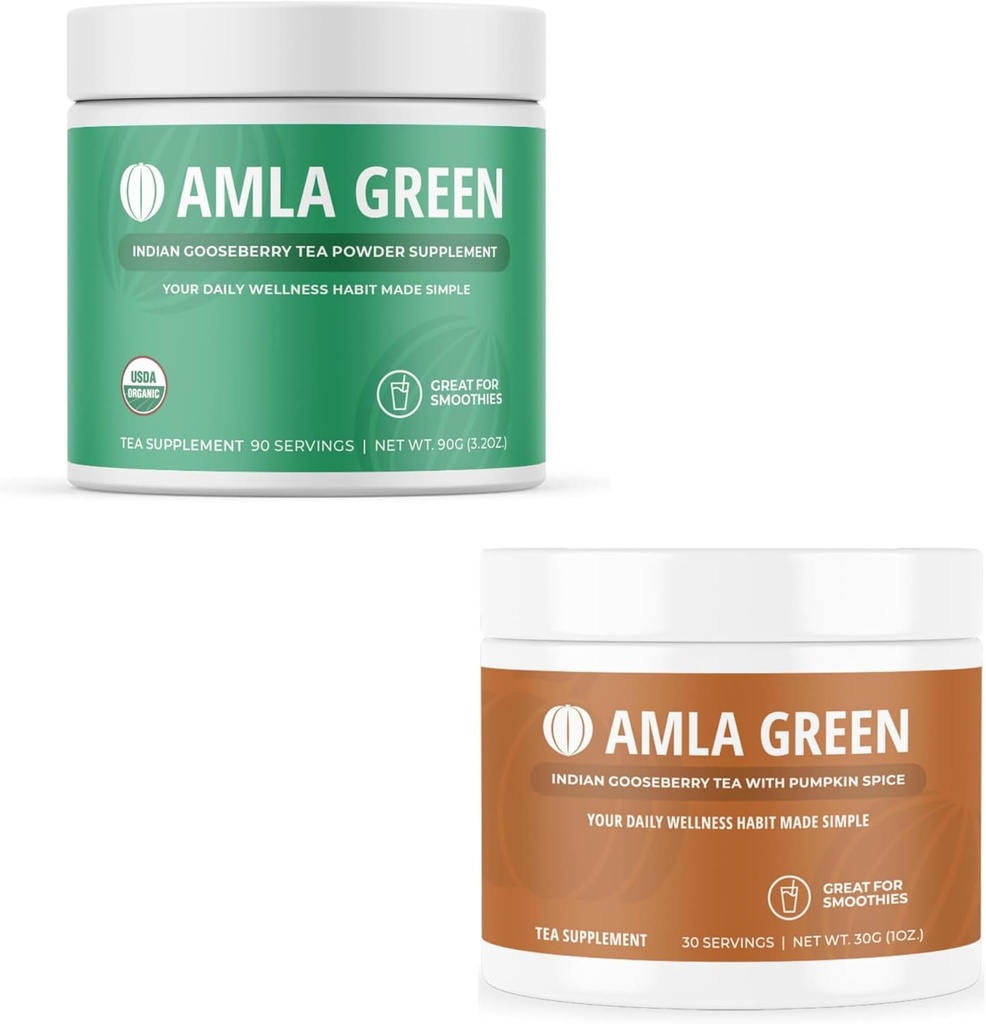 Amla Powder " Green Tea Superfood Supplement, Antioxidant Support, Made with Indian Gooseberries (90 Servings) " Pumpkin Spice (30 Servings), Organic, Vegan