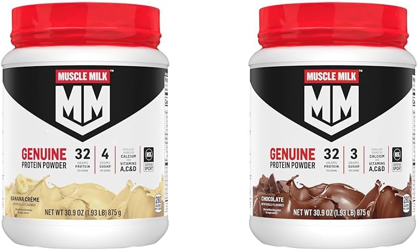 Muscle Milk Genuine Protein Powder Bundle, Banana Crème 1.93 Libras 12 Serviciones 32g Proteína y Chocolate 1.93 Libras 12 Serviciones 32g Protein