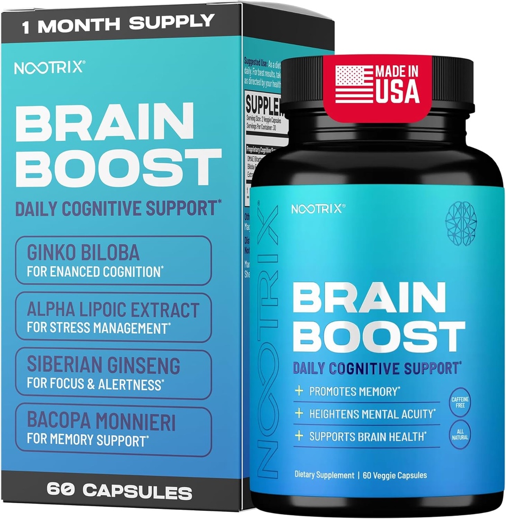 Brain Boost Nootropic Supplement tención apoya la memoria, el enfoque mental, la salud cognitiva y la energía ← Saludable Mood & Brain Function ← Ginkgo Biloba & DMAE TEN 60 cápsulas