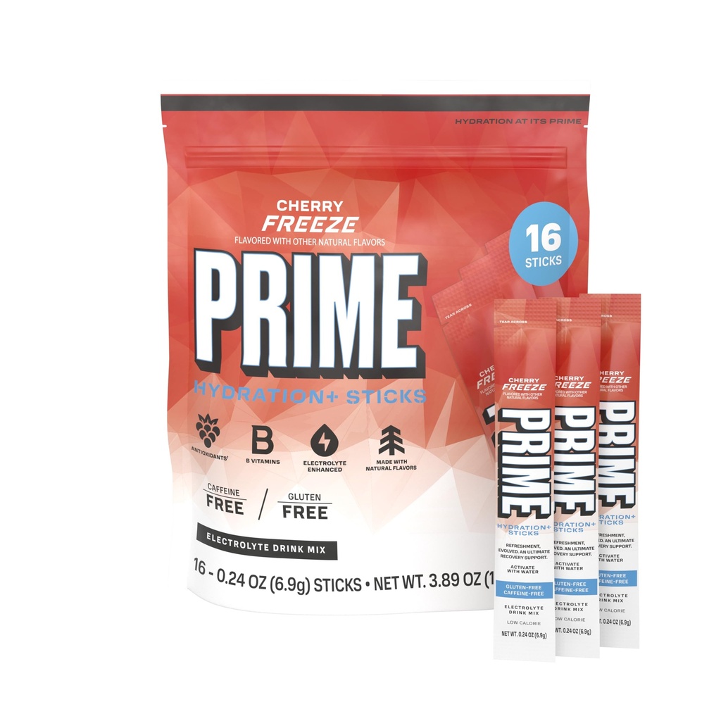 PRIME HYDRATION+ Sticks Cherry Freeze ← Hydration Powder Single Serve Sticks ← Electrolyte Powder On The Go TEN Low Sugar TEN Caffeine-Free TEN Vegan TEN 16 Sticks