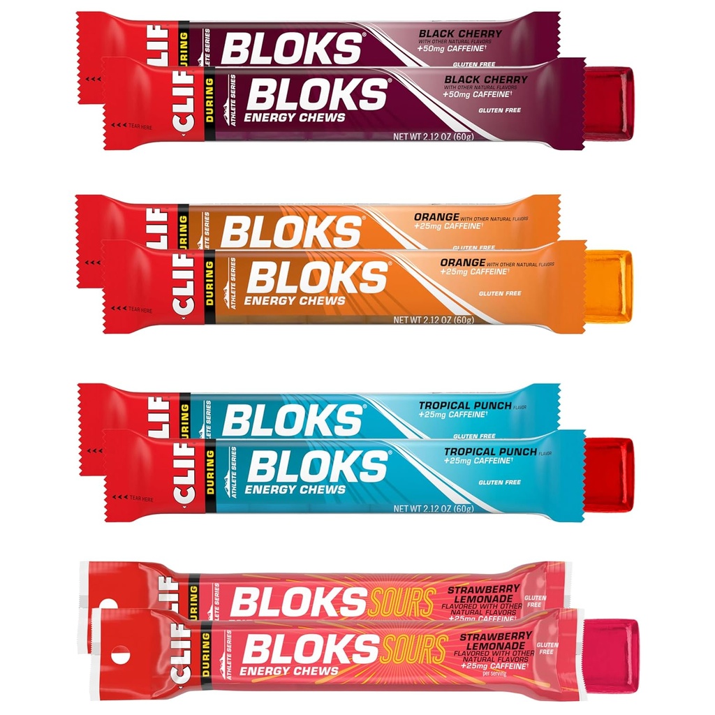 Bloks Clif - Mandíbulas de energía con cafeína - Variedad Pack - Non-GMO - Bases de plantas - Combustible rápido para Ciclismo y Correr - Carbohidratos rápidos y electrolitos - 2.12 oz. Packets (8 Conteo)
