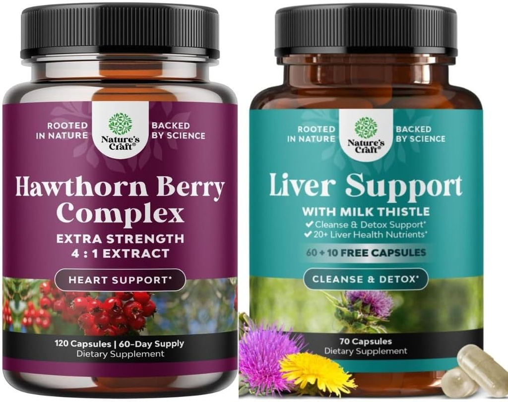 Bundle of Extra Strength Hawthorn Berry Capsules - Heart Health Supplement and Liver Cleanse Detox " Repair Formula - Herbal Liver Support Supplement
